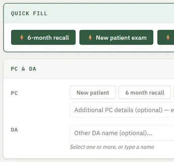 ClinicalNote: the checklist screen, with quick-fill buttons for common appointments