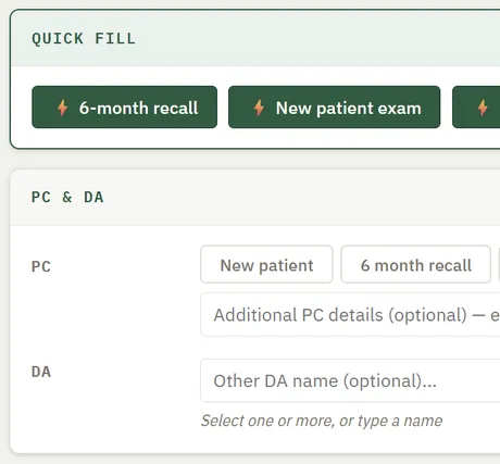 ClinicalNote: the Quick Fill row and PC chips on the checklist tab