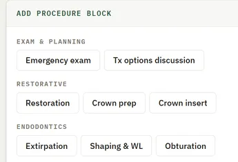 ClinicalNote: the procedures screen, with blocks for restorative, endo, surgery and dentures